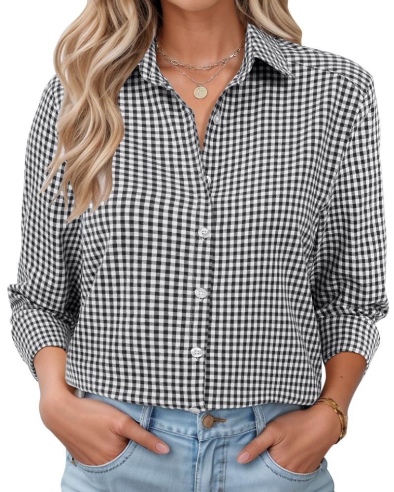 Sophie Camicia Donna – Blusa in Cotone a Quadri con Bottoni, Colletto & Maniche Arrotolabili