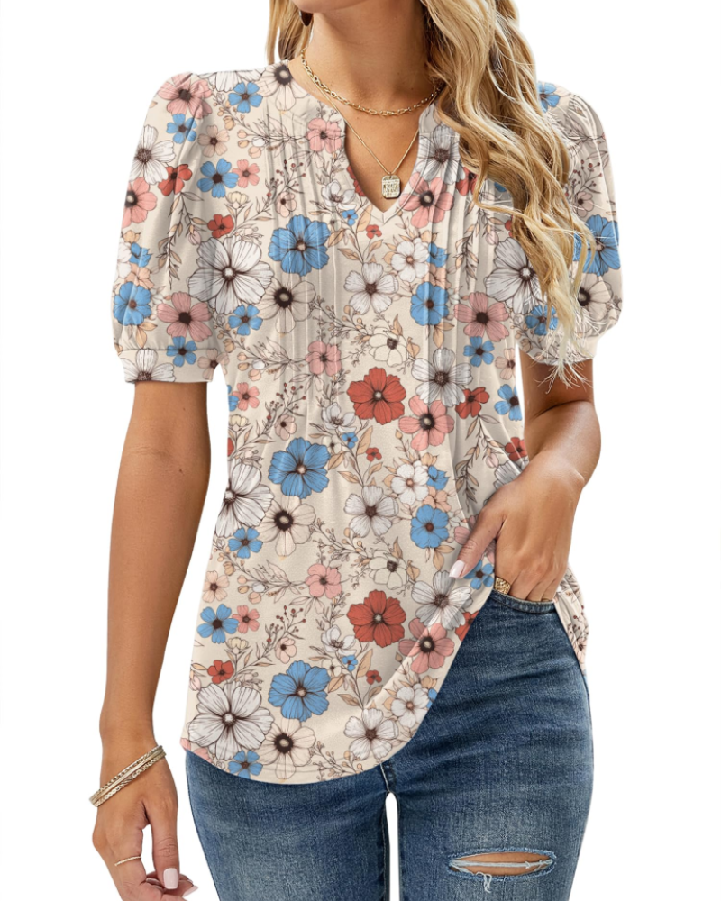 Hazel Top Donna – Blusa túnica floral con escote en V, mangas abullonadas y pliegues
