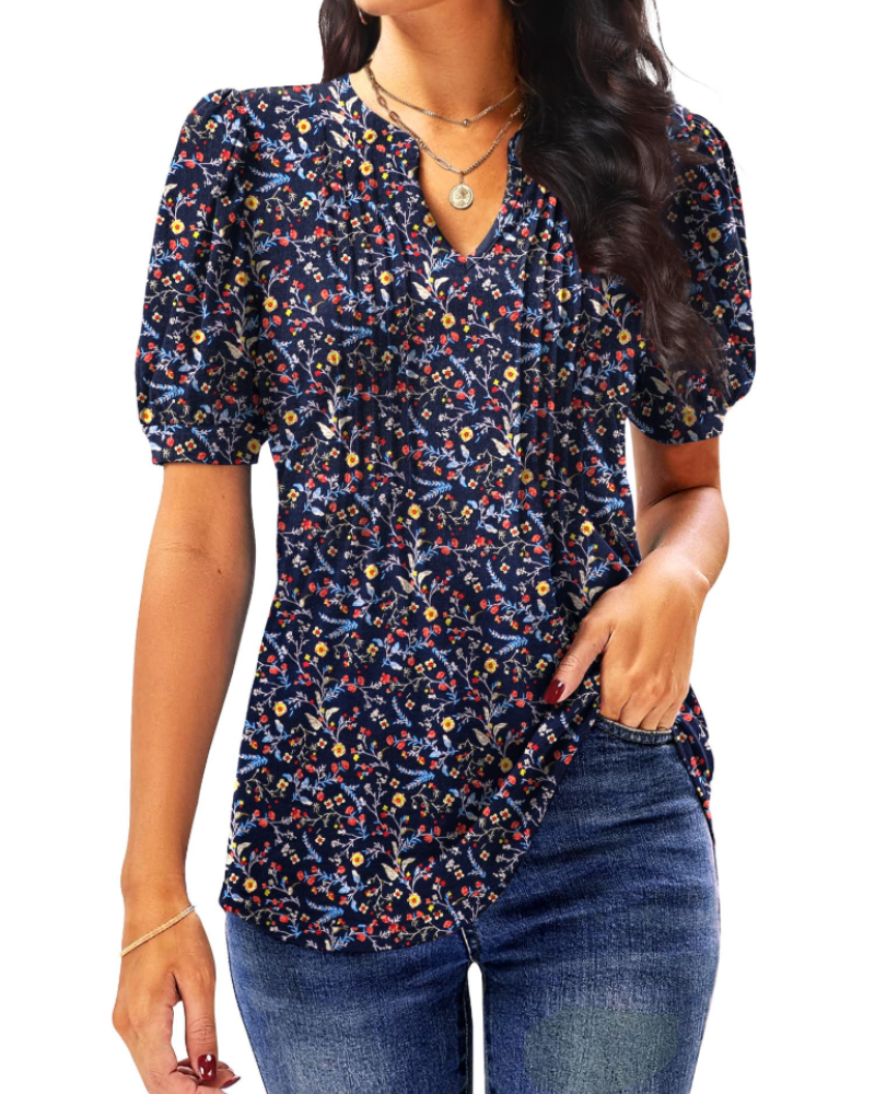 T-shirt Anna pour femme – Top d'été avec col en V, manches bouffantes et plis décoratifs