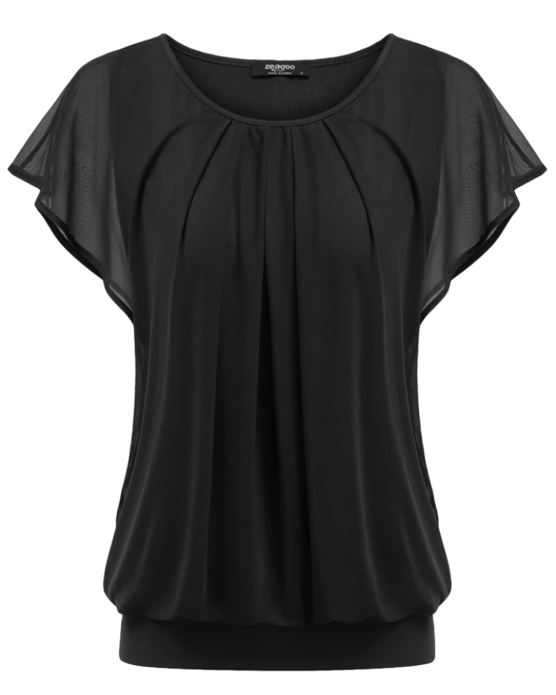 Emily Blusa Mujer – Top de Malla Floral de Doble Capa con Mangas Volantes y Cuello Redondo