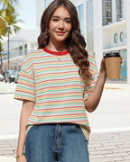 Clara T-shirt til kvinder med striber – Casual rundhalset T-shirt med korte ærmer og løs pasform