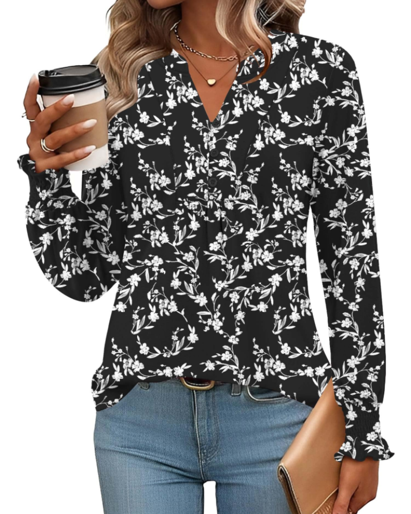 Freya Blusa Donna – Top floral con escote en V, mangas largas y dobladillo plisado