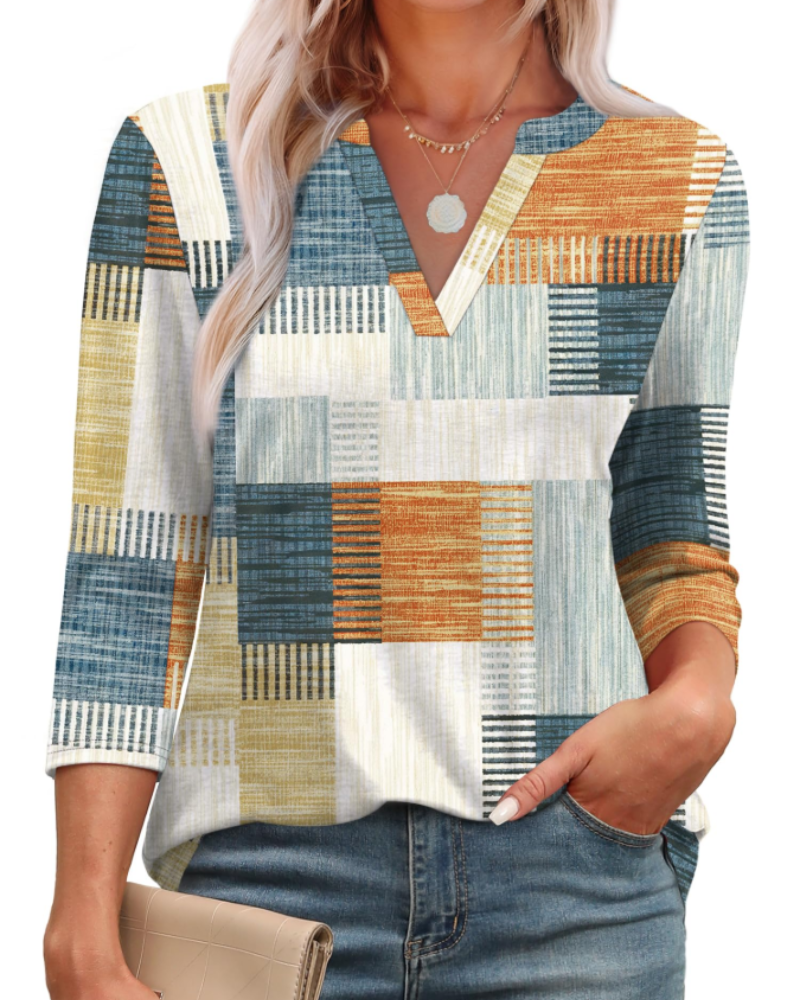 Blusa Lily para mujer – Túnica elegante con escote en V, mangas 3/4 y dobladillo curvo