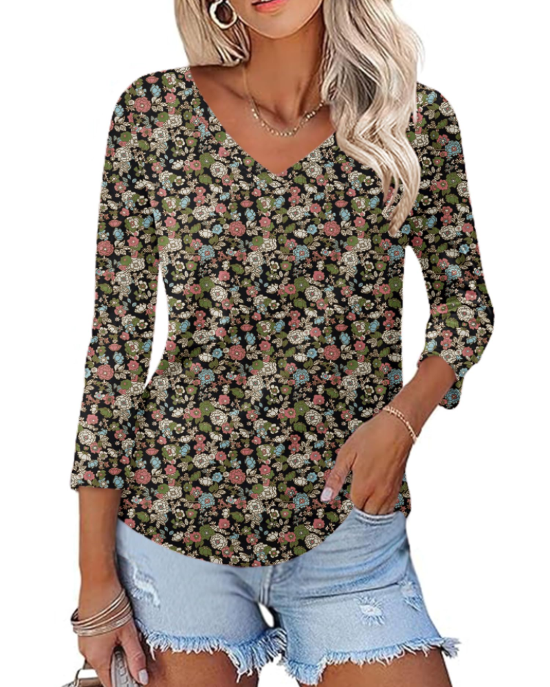 Camila Top Donna – Blusa con escote en V, mangas 3/4 y estampado floral