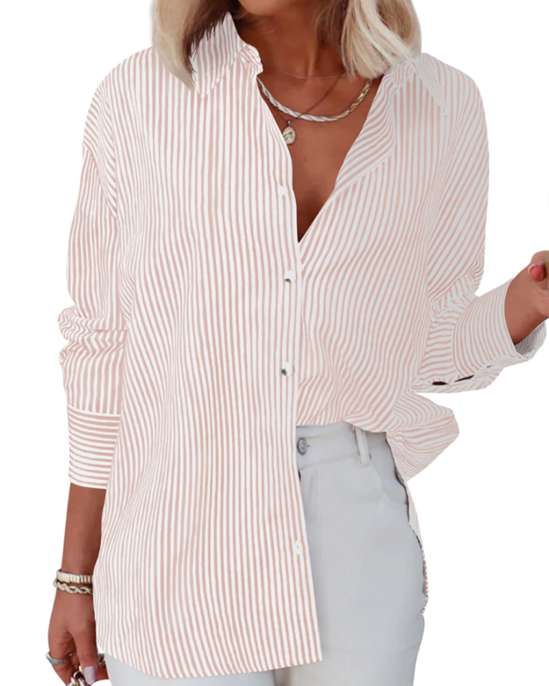 Chloe Camisa Mujer – Blusa a Rayas con Escote en V, Botones y Mangas Largas