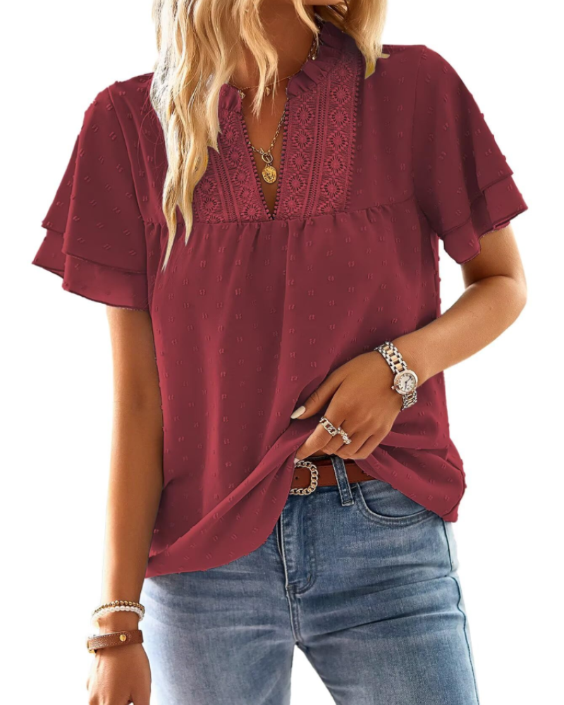Blusa Lena para mujer – Top elegante con escote en V, encaje de ganchillo, mangas con volantes y detalles Swiss Dot