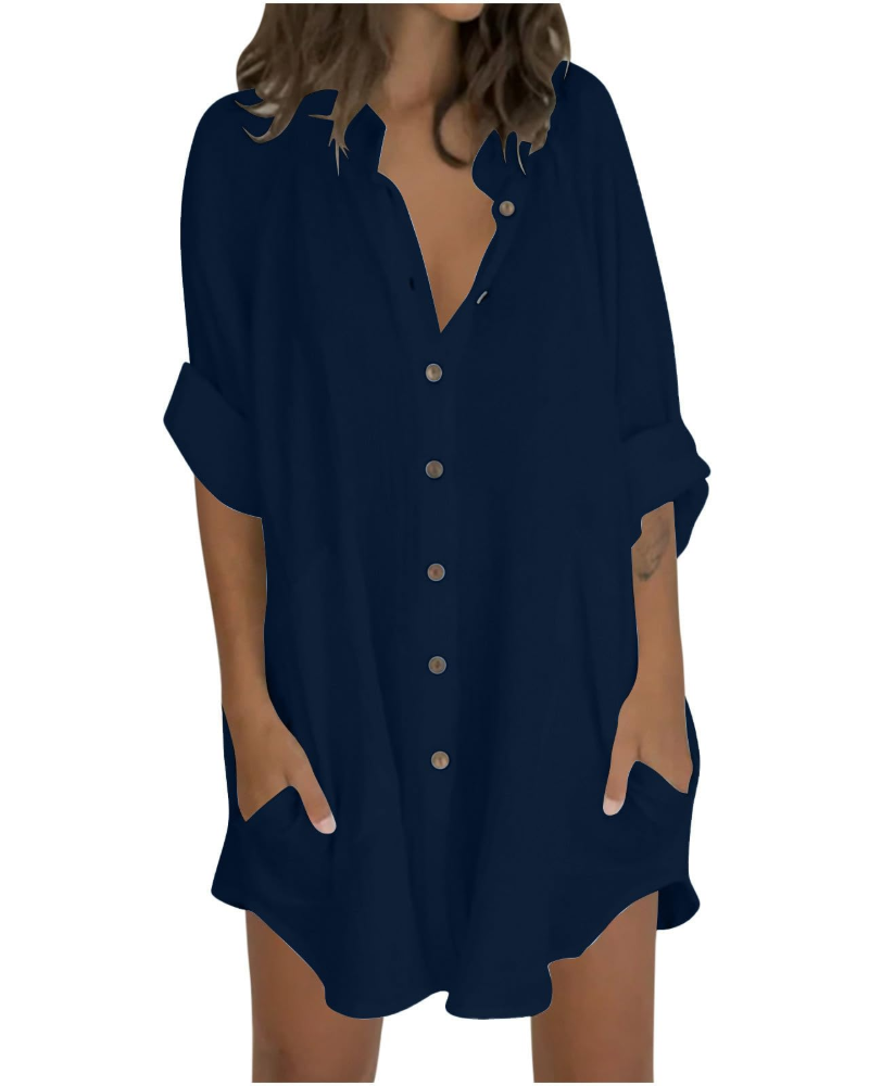 Emma Blusa Mujer – Camisa Oversize de Algodón y Lino con Mangas 3/4 y Botones