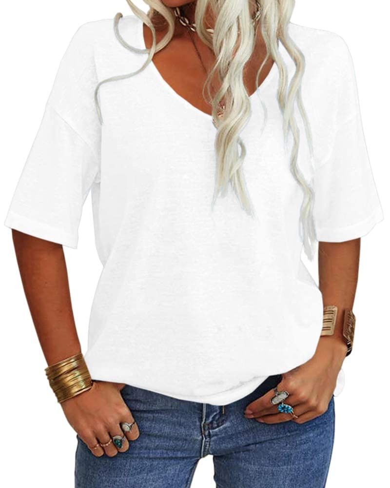 T-shirt Amelia pour femme – Haut avec col en V, manches mi-longues et coupe décontractée