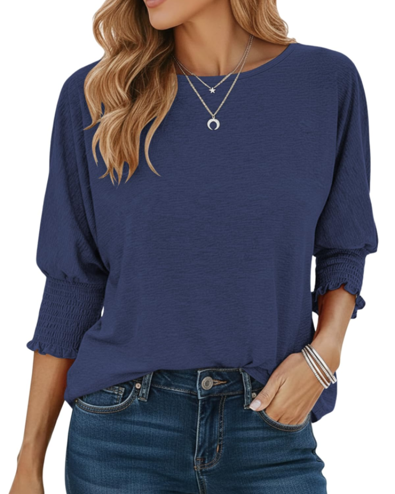 Camiseta Bianca para mujer – Top con cuello redondo, mangas 3/4 y puños fruncidos