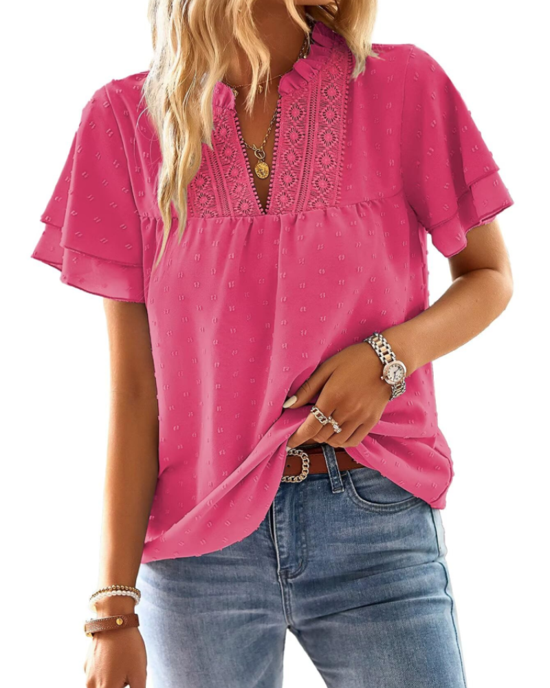 Blusa Lena para mujer – Top elegante con escote en V, encaje de ganchillo, mangas con volantes y detalles Swiss Dot