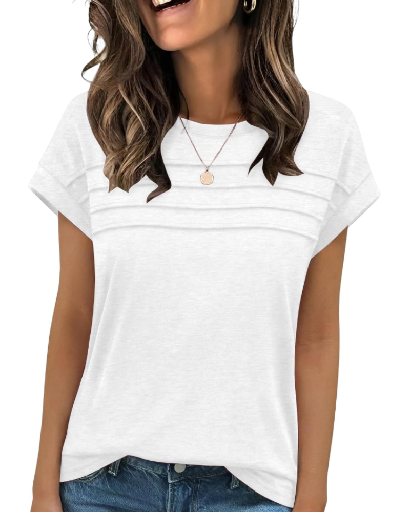 Nora T-Shirt Donna – Top con Girocollo, Pieghe Decorative & Maniche Corte