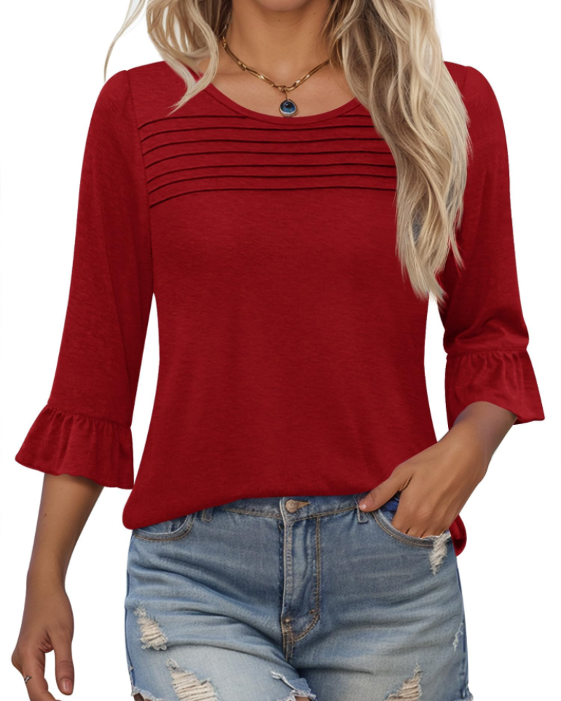Clara Blusa Donna – Top túnica con mangas 3/4 con volantes, cuello redondo y pliegues frontales