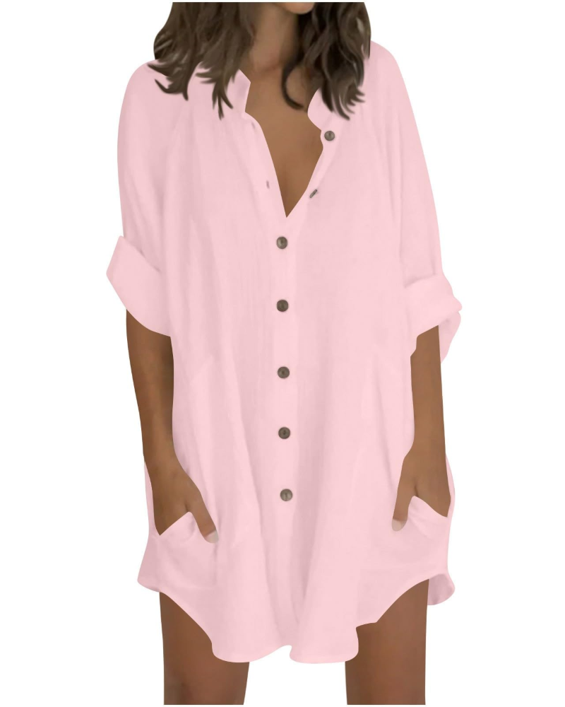 Emma Blusa Mujer – Camisa Oversize de Algodón y Lino con Mangas 3/4 y Botones
