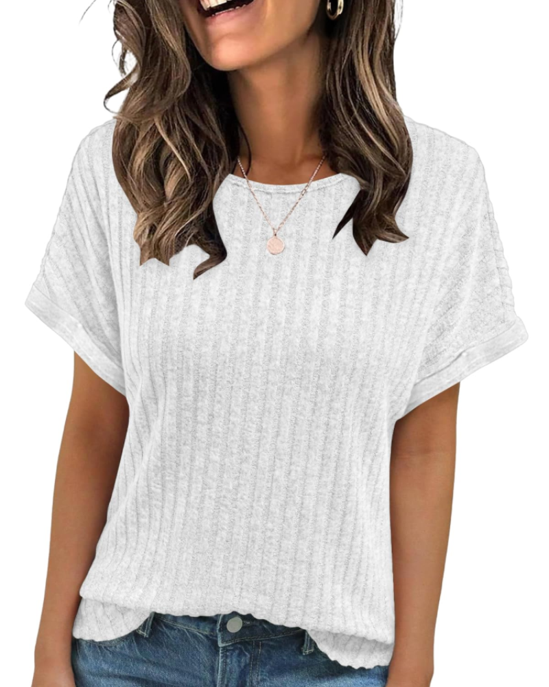 Camiseta Clara para mujer – Top acanalado con cuello redondo, mangas cortas y ajuste versátil