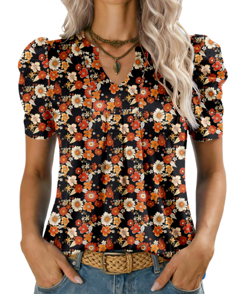 Emma Blusa para Mujer – Top Elegante con Escote en V, Mangas Abullonadas y Corte Suelto