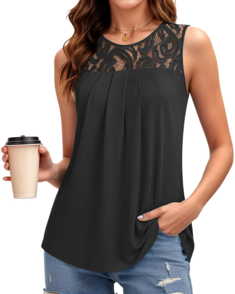 Olivia Top Donna – Canotta Estiva con Pizzo, Girocollo & Dettaglio Plissettato