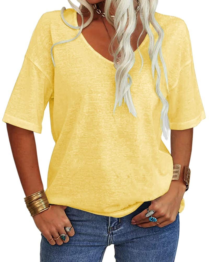 T-shirt Amelia pour femme – Haut avec col en V, manches mi-longues et coupe décontractée