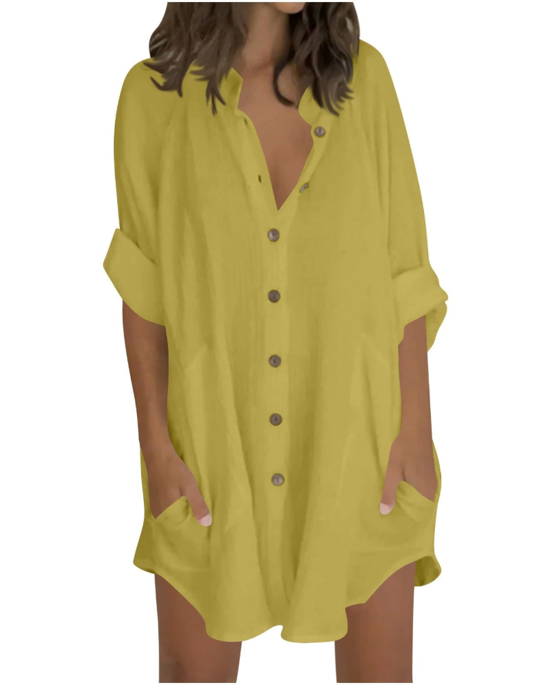 Emma Blusa Mujer – Camisa Oversize de Algodón y Lino con Mangas 3/4 y Botones