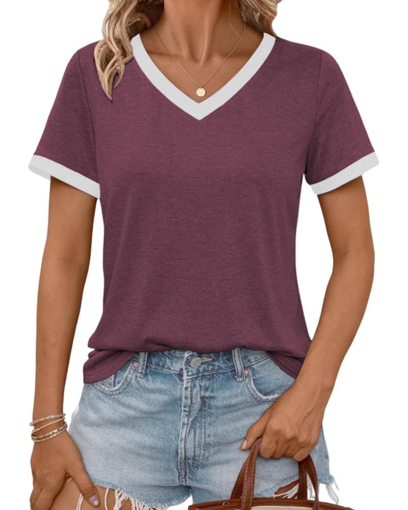 Camiseta de mujer Avery con escote en V – camiseta casual suave de manga corta con costuras en contraste