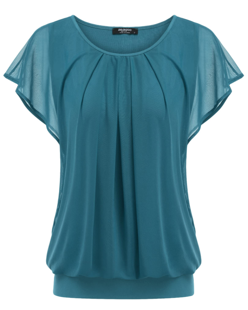 Emily Blusa Mujer – Top de Malla Floral de Doble Capa con Mangas Volantes y Cuello Redondo