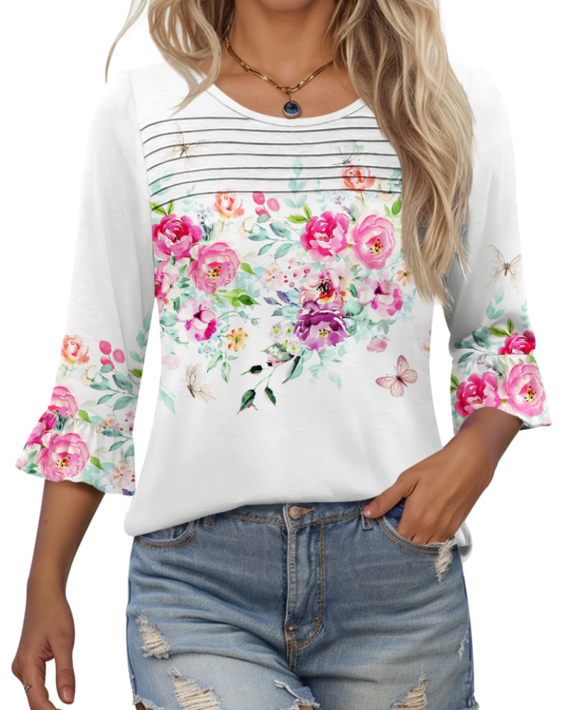 Clara Blusa Donna – Top túnica con mangas 3/4 con volantes, cuello redondo y pliegues frontales