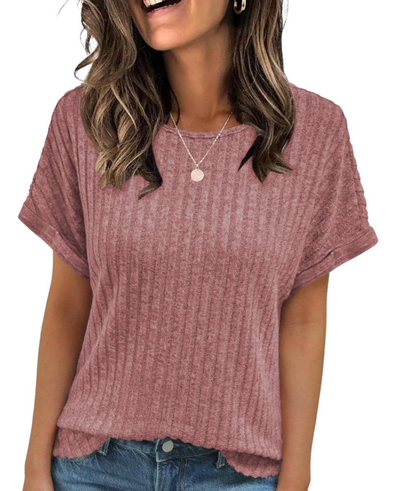 Camiseta Clara para mujer – Top acanalado con cuello redondo, mangas cortas y ajuste versátil