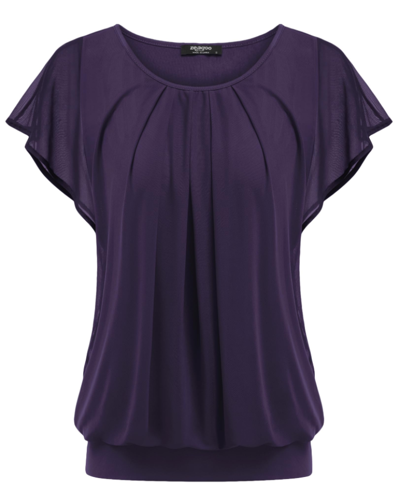 Emily Blusa Mujer – Top de Malla Floral de Doble Capa con Mangas Volantes y Cuello Redondo