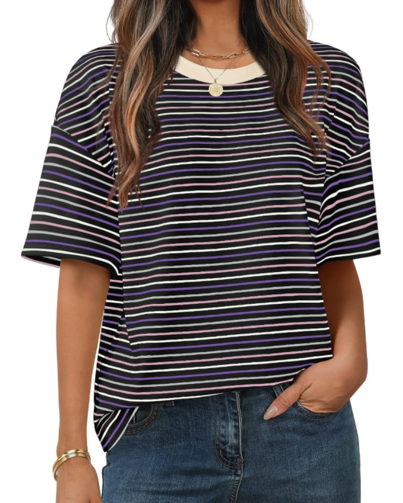 Clara Camiseta de Mujer a Rayas – Camiseta Casual de Cuello Redondo con Mangas Cortas y Ajuste Suelto