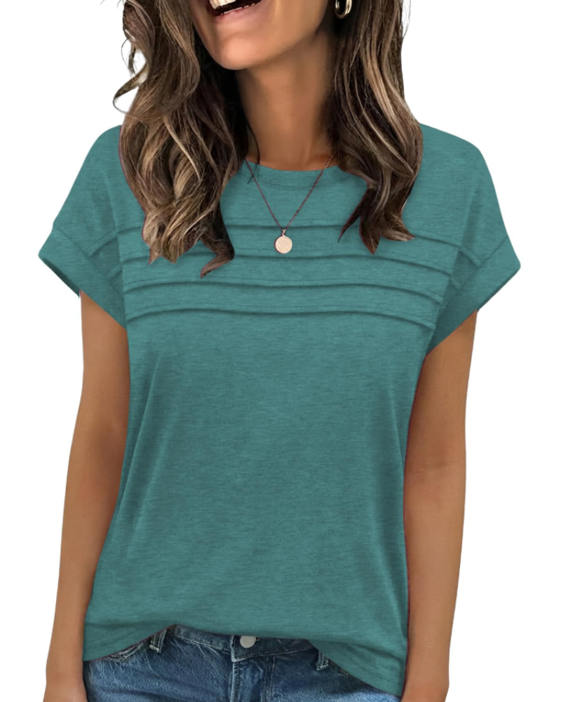 Nora T-Shirt Donna – Top con Girocollo, Pieghe Decorative & Maniche Corte