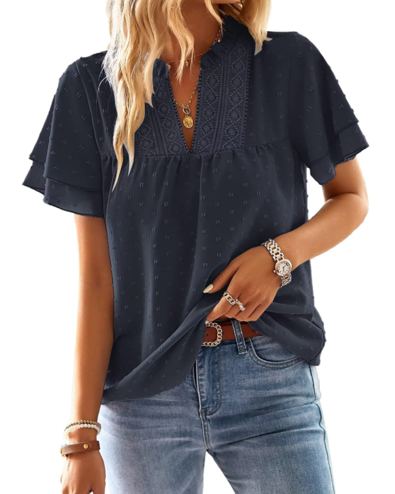 Blusa Lena para mujer – Top elegante con escote en V, encaje de ganchillo, mangas con volantes y detalles Swiss Dot