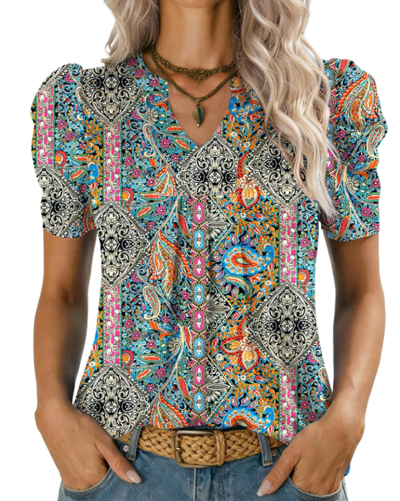 Emma Blusa para Mujer – Top Elegante con Escote en V, Mangas Abullonadas y Corte Suelto