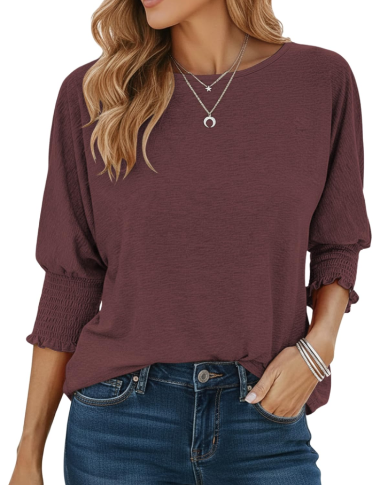 Camiseta Bianca para mujer – Top con cuello redondo, mangas 3/4 y puños fruncidos
