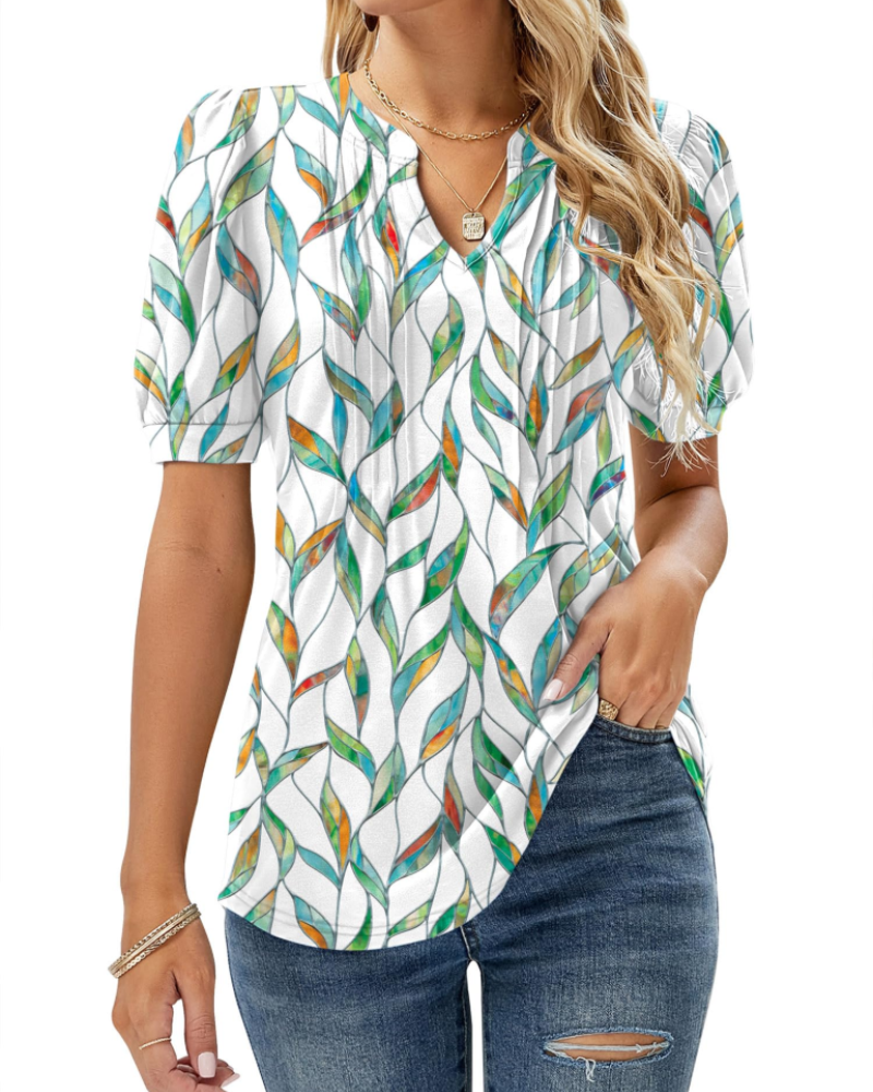 Hazel Top Donna – Blusa túnica floral con escote en V, mangas abullonadas y pliegues