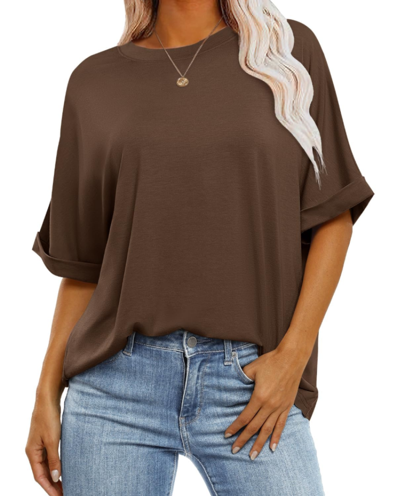 T-shirt Nora pour femme – Top oversize avec col rond, manches courtes et coupe ample