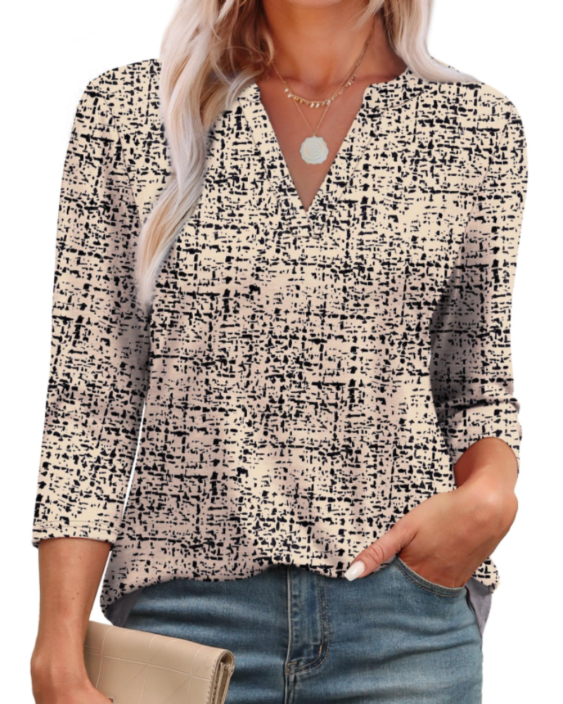 Blusa Lily para mujer – Túnica elegante con escote en V, mangas 3/4 y dobladillo curvo