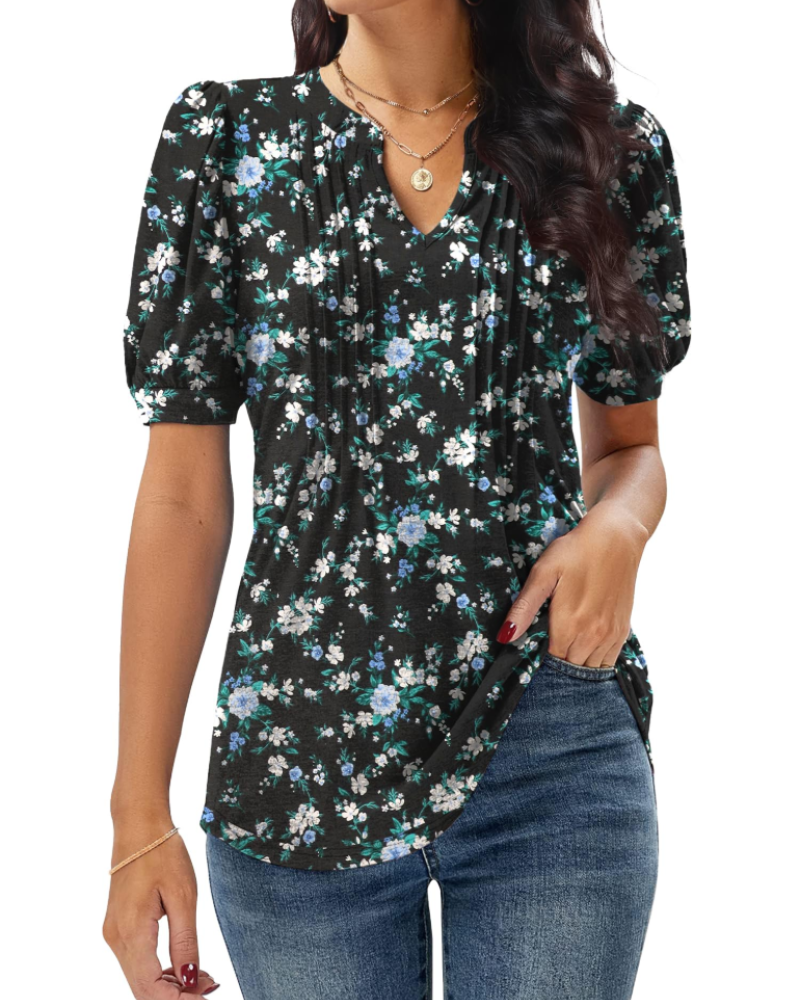 T-shirt Anna pour femme – Top d'été avec col en V, manches bouffantes et plis décoratifs