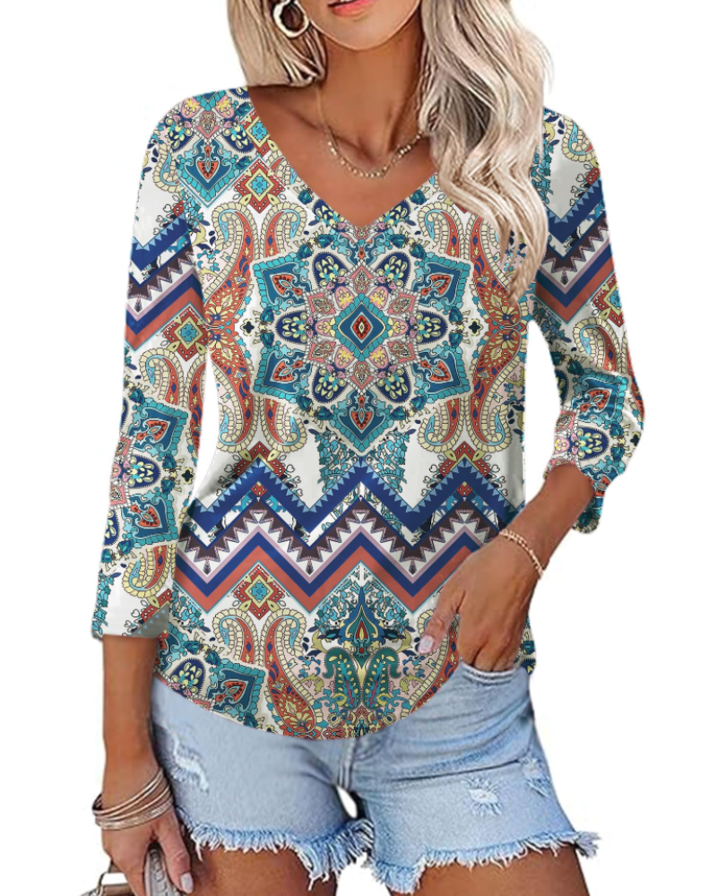 Camila Top Donna – Blusa con escote en V, mangas 3/4 y estampado floral