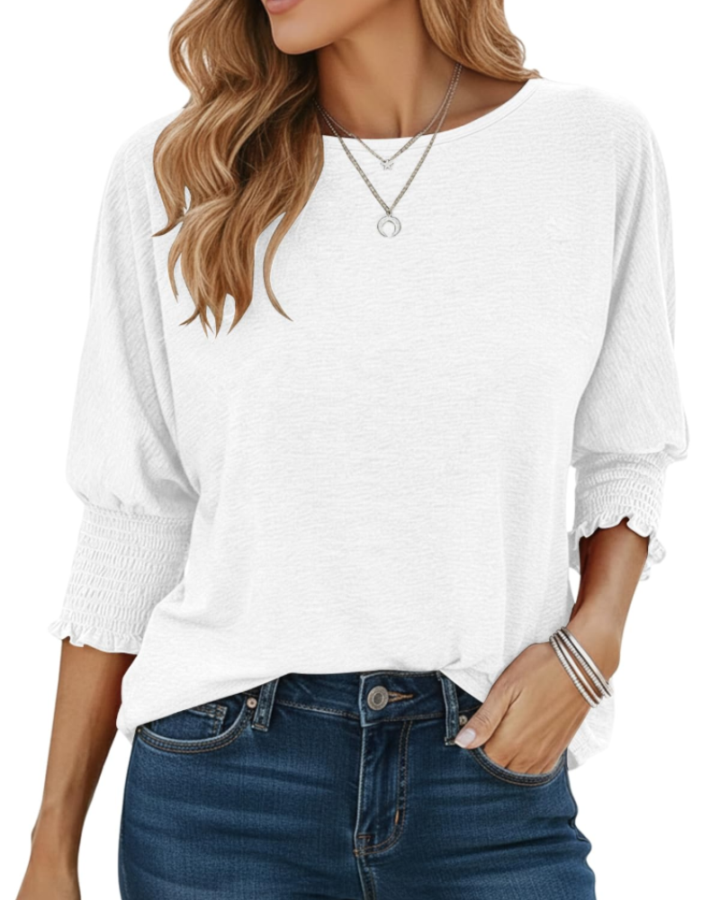 Camiseta Bianca para mujer – Top con cuello redondo, mangas 3/4 y puños fruncidos
