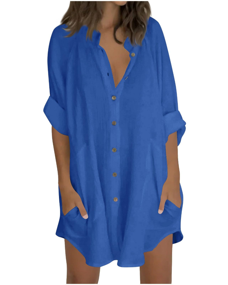 Emma Blusa Mujer – Camisa Oversize de Algodón y Lino con Mangas 3/4 y Botones