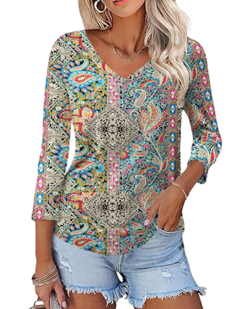 Camila Top Donna – Blusa con escote en V, mangas 3/4 y estampado floral