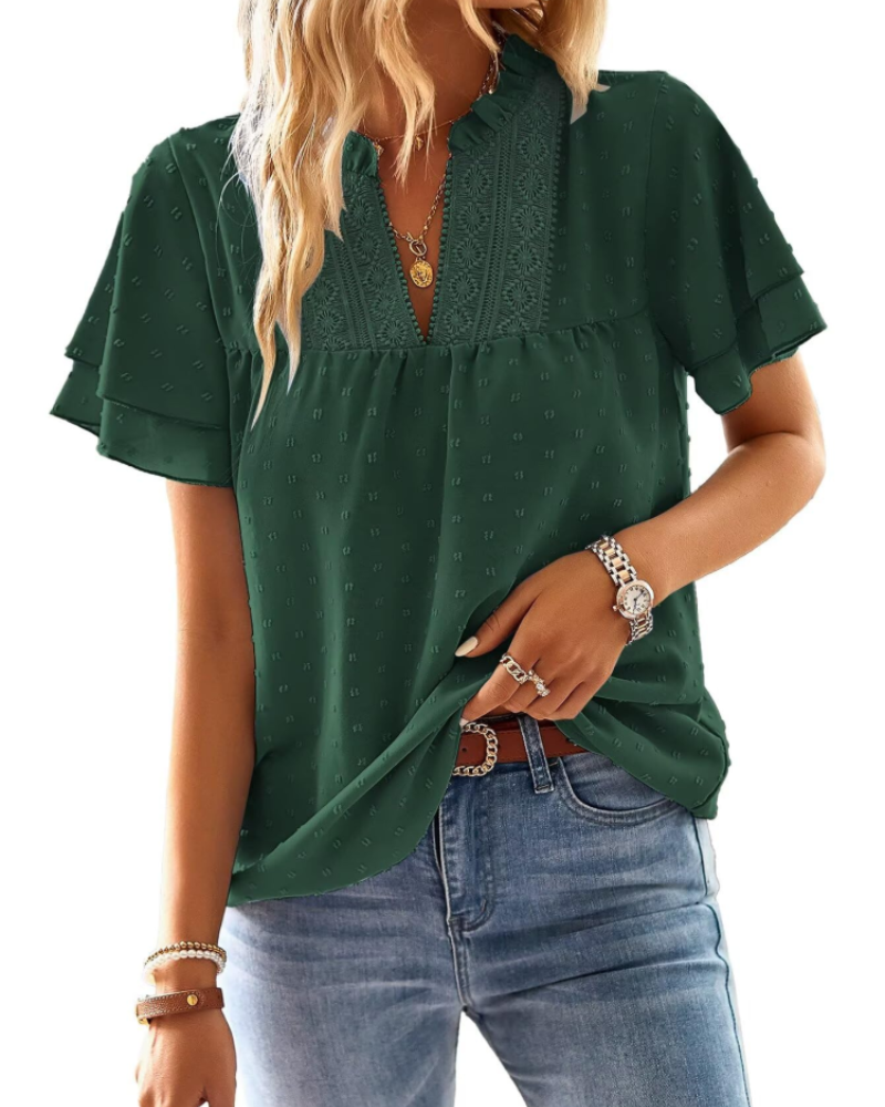 Blusa Lena para mujer – Top elegante con escote en V, encaje de ganchillo, mangas con volantes y detalles Swiss Dot