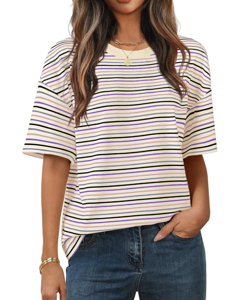Clara Camiseta de Mujer a Rayas – Camiseta Casual de Cuello Redondo con Mangas Cortas y Ajuste Suelto