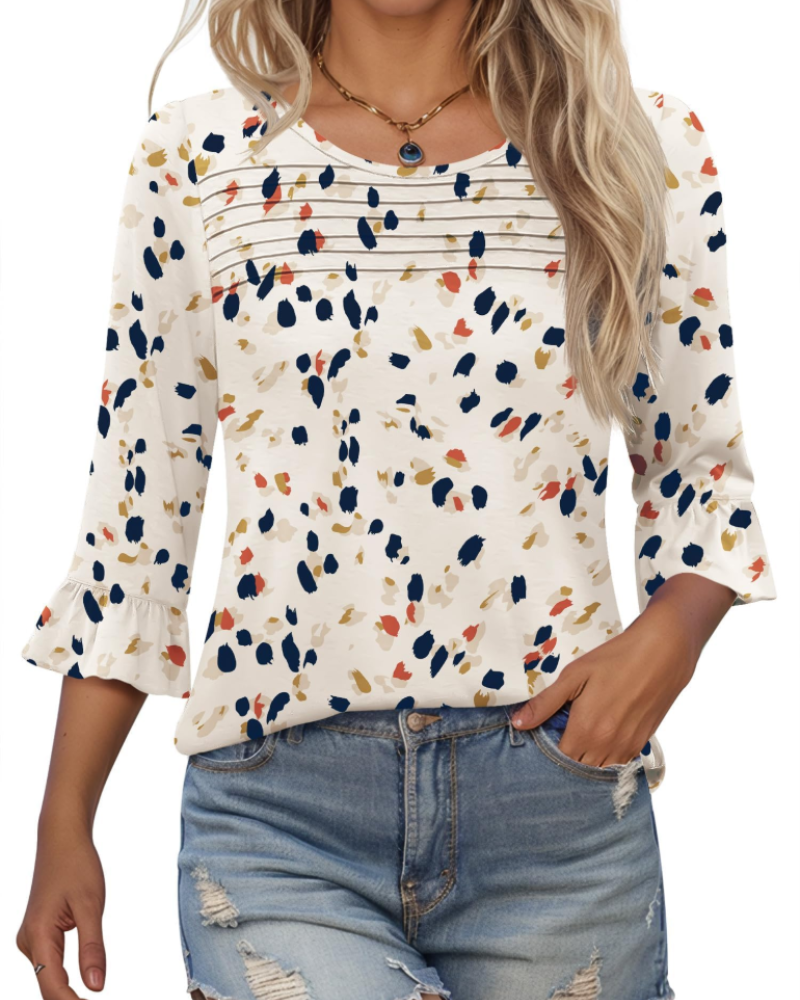 Clara Blusa Donna – Top túnica con mangas 3/4 con volantes, cuello redondo y pliegues frontales