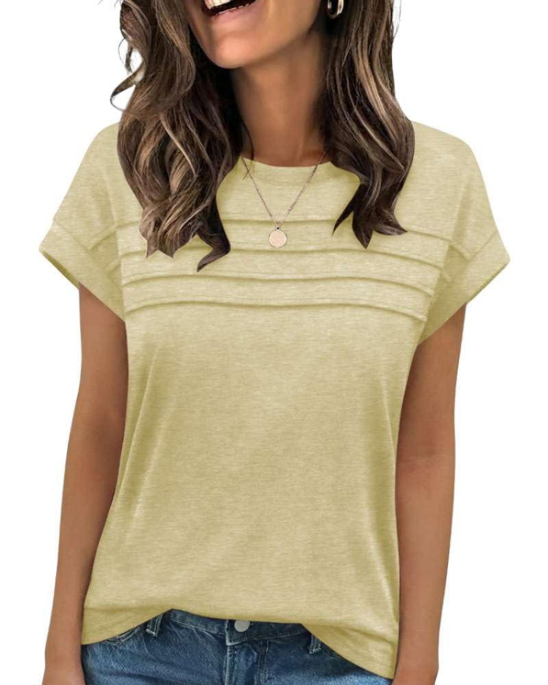 Nora T-Shirt Donna – Top con Girocollo, Pieghe Decorative & Maniche Corte