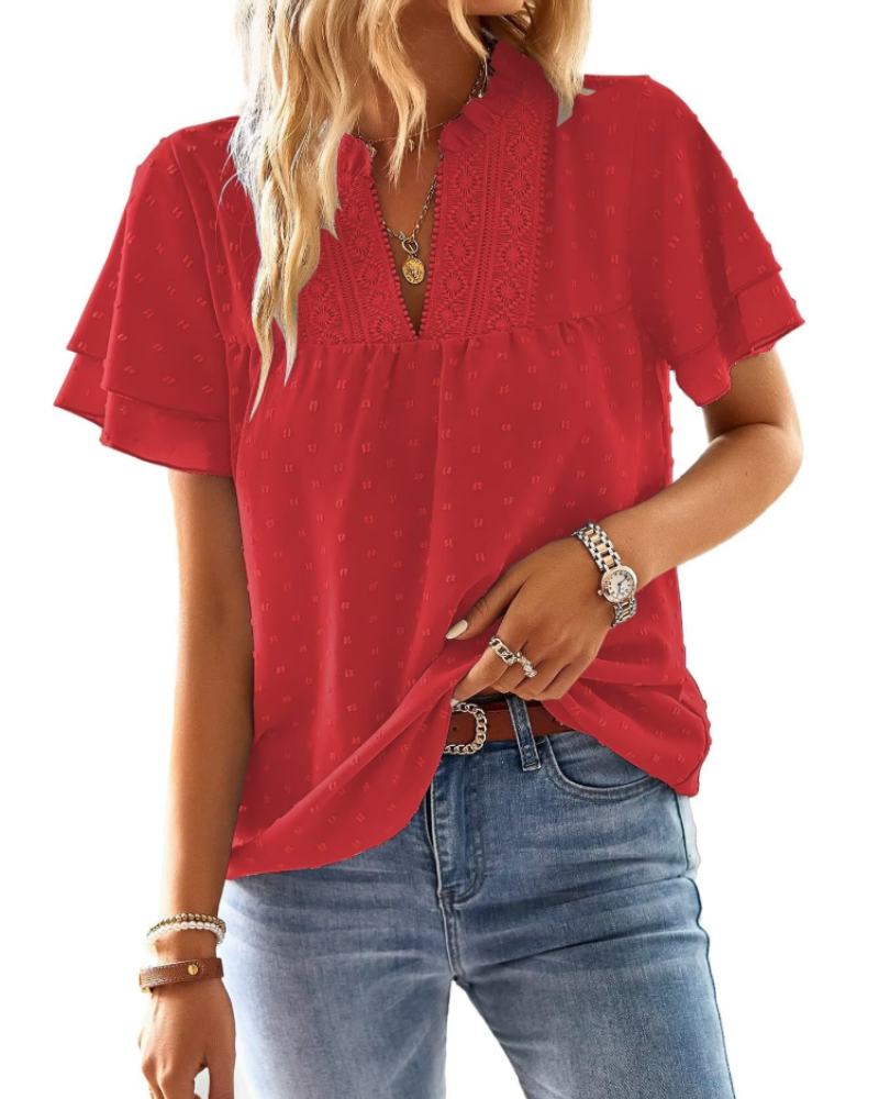 Blusa Lena para mujer – Top elegante con escote en V, encaje de ganchillo, mangas con volantes y detalles Swiss Dot