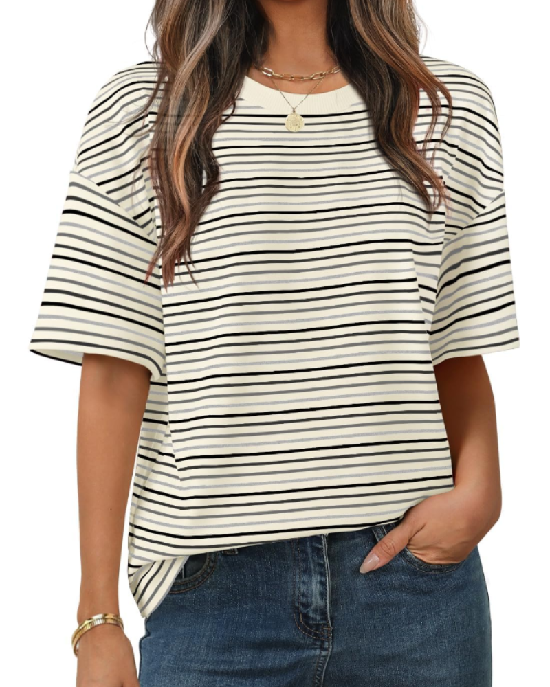 Clara Camiseta de Mujer a Rayas – Camiseta Casual de Cuello Redondo con Mangas Cortas y Ajuste Suelto