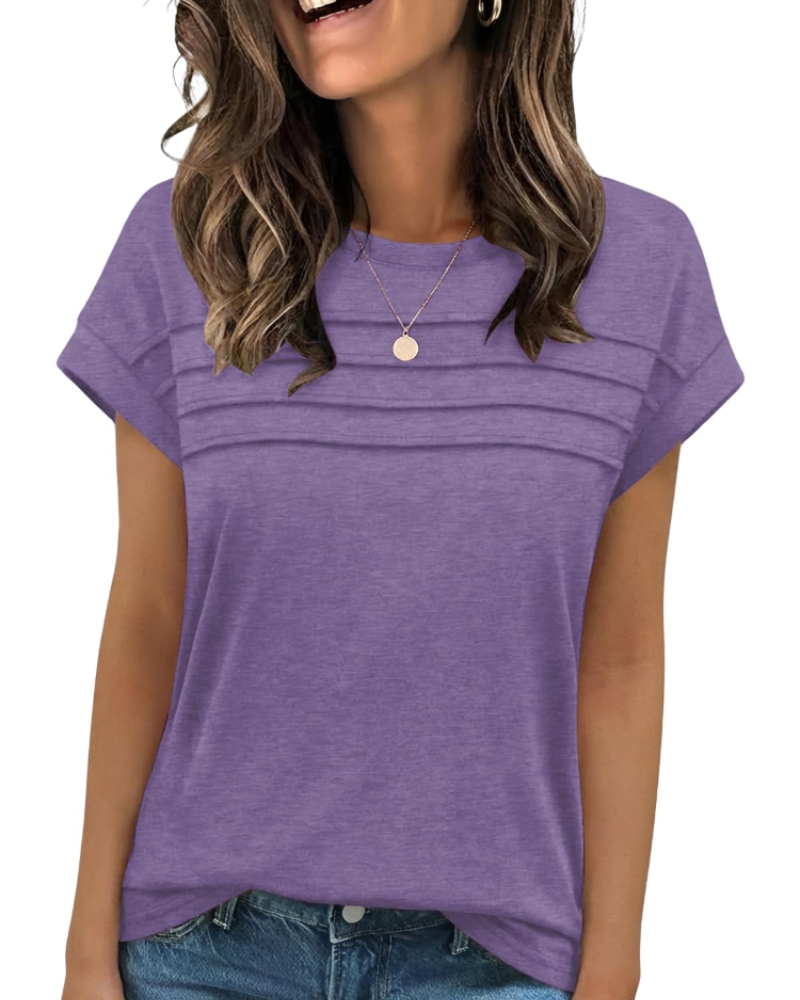 Nora T-Shirt Donna – Top con Girocollo, Pieghe Decorative & Maniche Corte