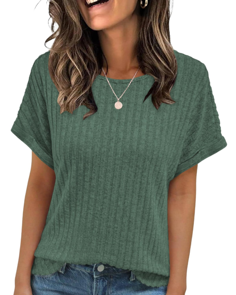 Camiseta Clara para mujer – Top acanalado con cuello redondo, mangas cortas y ajuste versátil