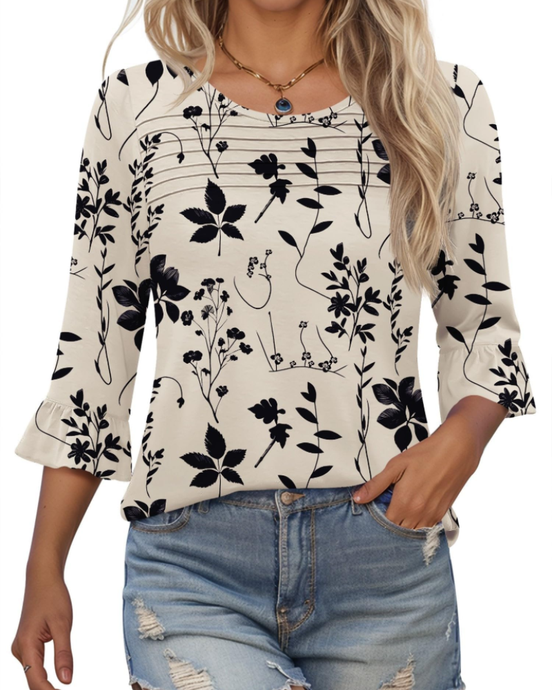 Clara Blusa Donna – Top túnica con mangas 3/4 con volantes, cuello redondo y pliegues frontales