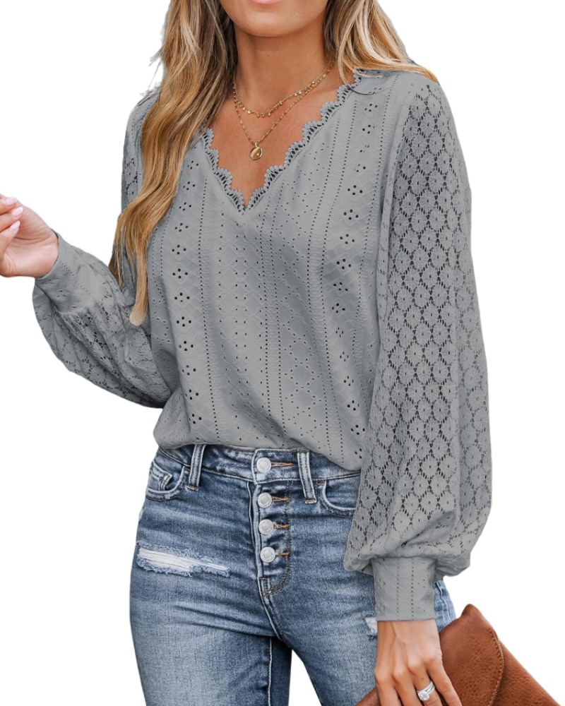 Victoria Blusa Donna – Top in Pizzo con Scollo a V, Maniche Lunghe & Dettagli Cut-Out